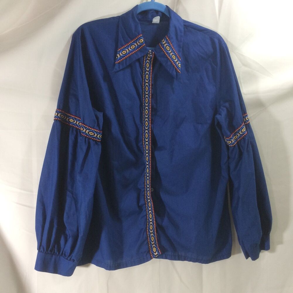 Vintage 1970s Womens L Blue Blouse Woven Trim Bishop Sleeve Union Made USA - Picture 4 of 7
